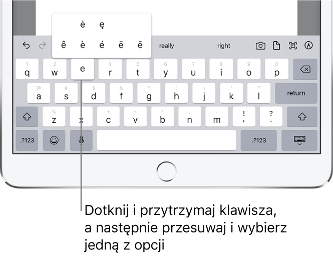 Ekran z dodatkowymi znakami dla klawisza „e”.
