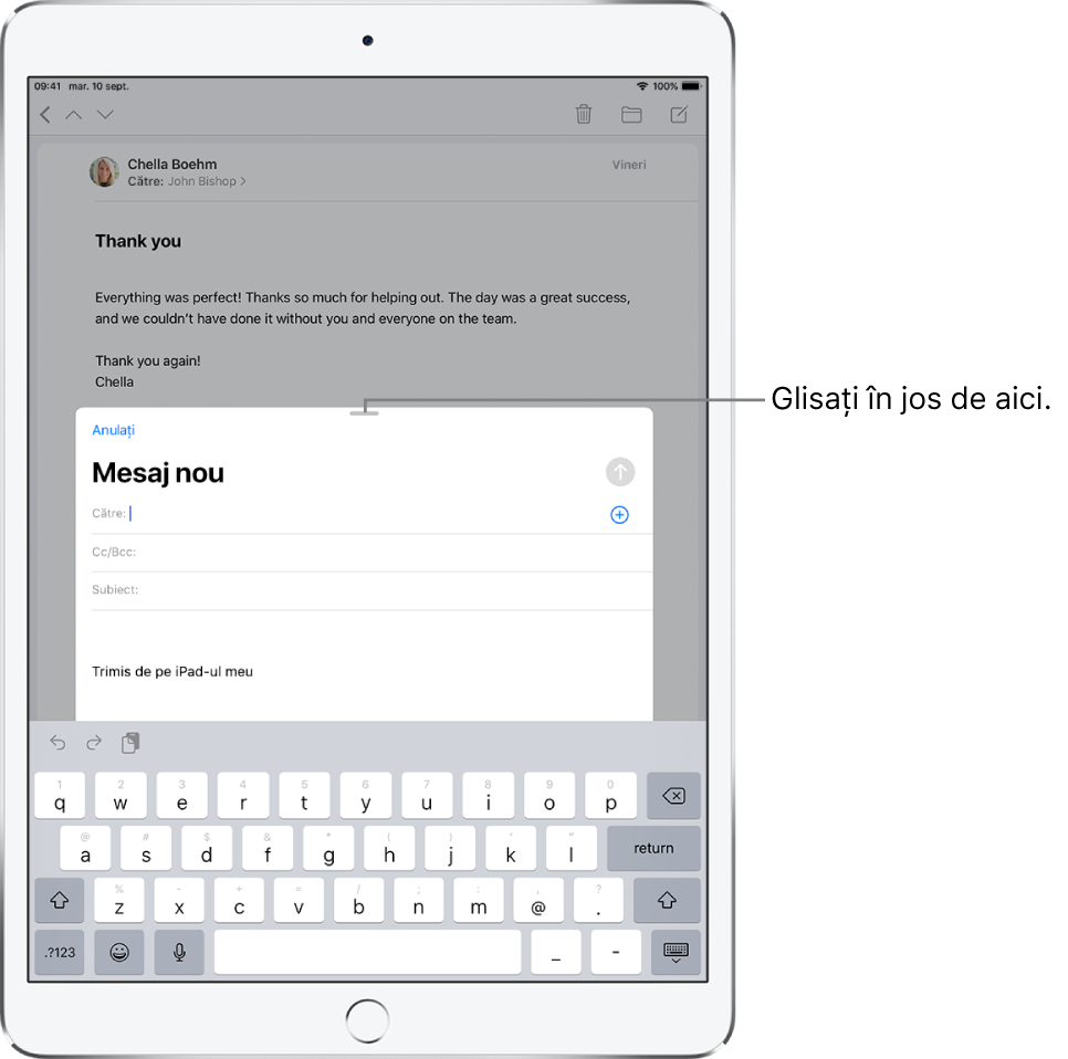 O ciornă de e-mail în fața unui e-mail primit, cu o explicație indicând cum se trage ciorna pentru a vedea celălalt e-mail.