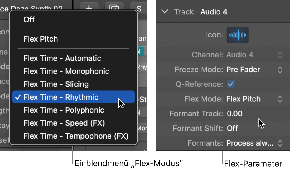 Abbildung. Informationsfenster „Spur“ mit Flex-Algorithmen und Parametern