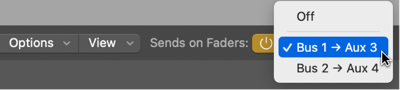 Abbildung. Auswählen eines Return-Channels für Effekte aus dem Einblendmenü „Sends auf Fader“