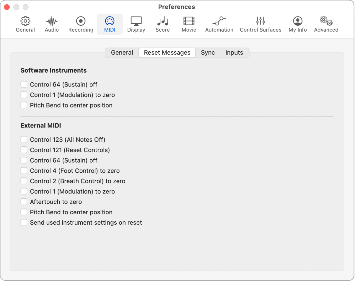 Abbildung. Einstellungen für MIDI-Reset-Befehle