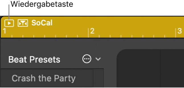 Abbildung. Klicken auf die Taste „Wiedergabe“ oben links im Drummer-Editor