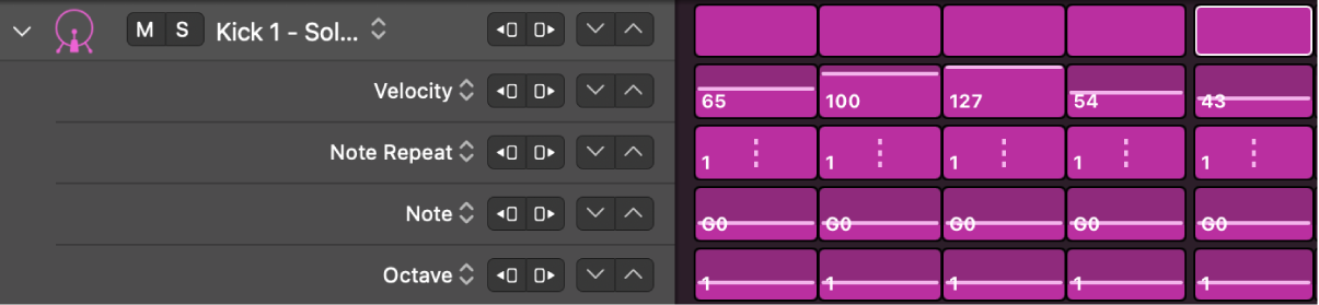 Zeilen und Unterzeilen mit jeweils verschiedenen Bearbeitungsmodi im Step Sequencer
