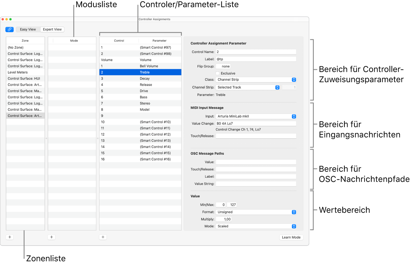Abbildung. Fenster „Controller-Zuweisungen“ in der Ansicht „Erweitert“.