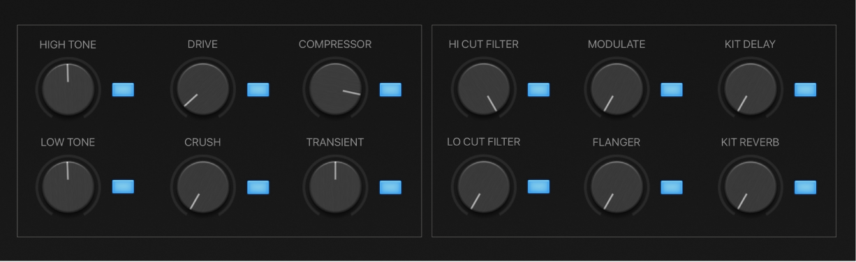 Abbildung. Parameter im Bereich „Smart Controls“ für Klangfarbe und Effekte des Drumkits