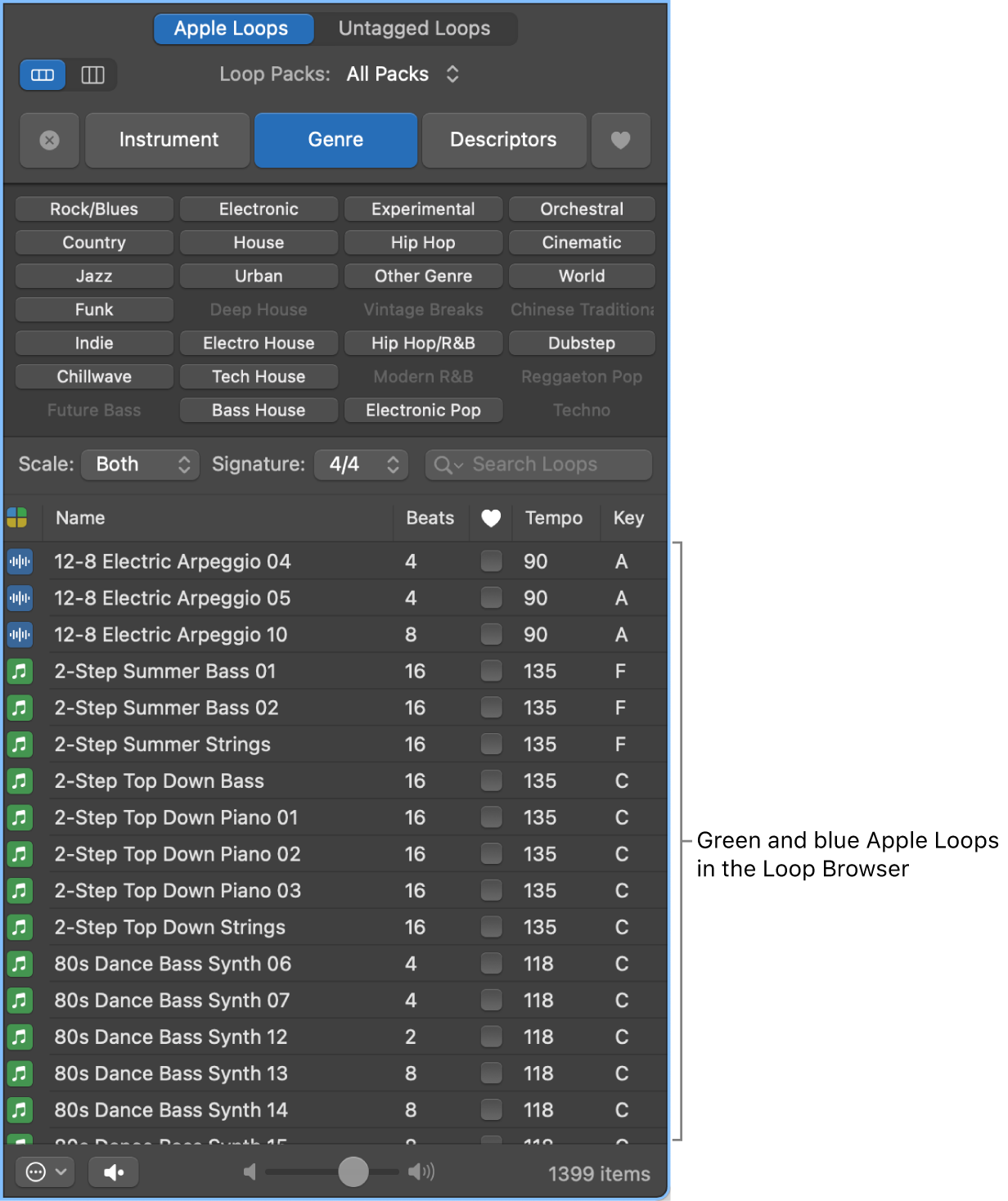 Loop Browser showing software instrument (green) and audio (blue) Apple Loops.
