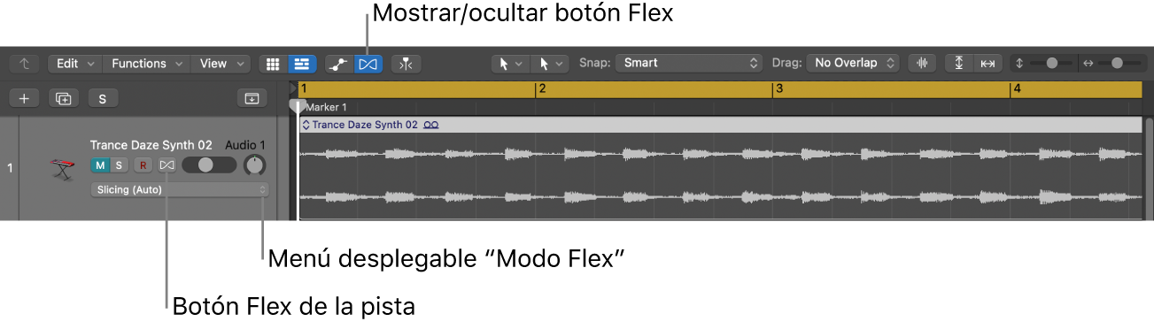 Ilustración. Botón Flex y menú desplegable “Modo Flex” en una cabecera de pista de audio.