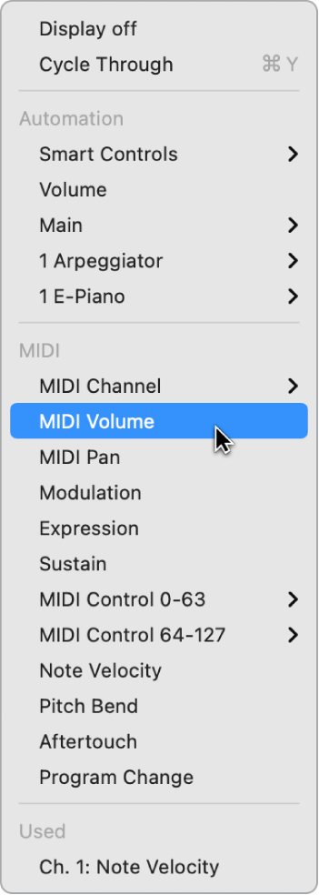 Ilustración. Datos MIDI seleccionados en el menú desplegable de parámetro de automatización/MIDI.