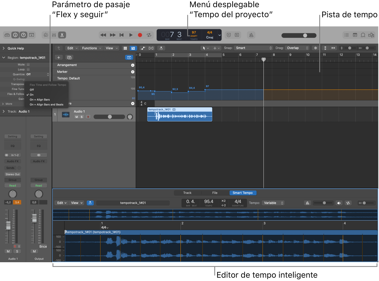 Ilustración. Proyecto con una grabación con el modo Adaptar seleccionado, cambios de tempo en la pista de tempo y el editor de tempo inteligente abierto.