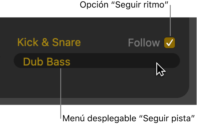 Ilustración. Casilla Seguir y menú desplegable “Seguir pista” del editor Drummer.