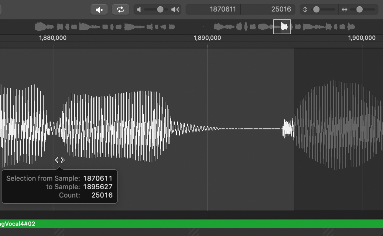 Ilustración. Selección en el editor de archivos de audio con una flecha de dos cabezas sobre el centro.