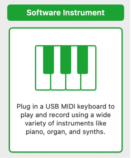 Figure. Sélection du bouton « Instrument logiciel et MIDI » dans la zone de dialogue Nouvelles pistes.