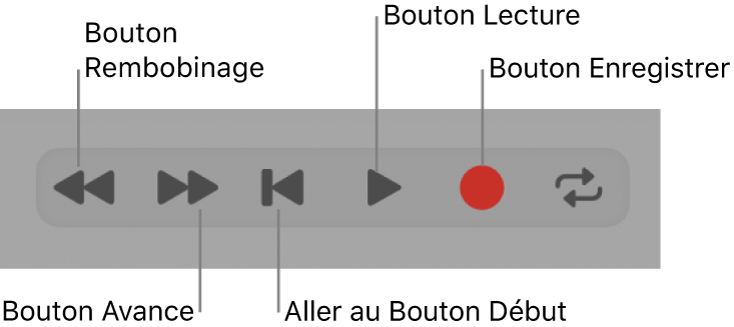 Figure. Boutons de transport de base : Rembobinage, Avance, Arrêt, Lecture et Enregistrer.