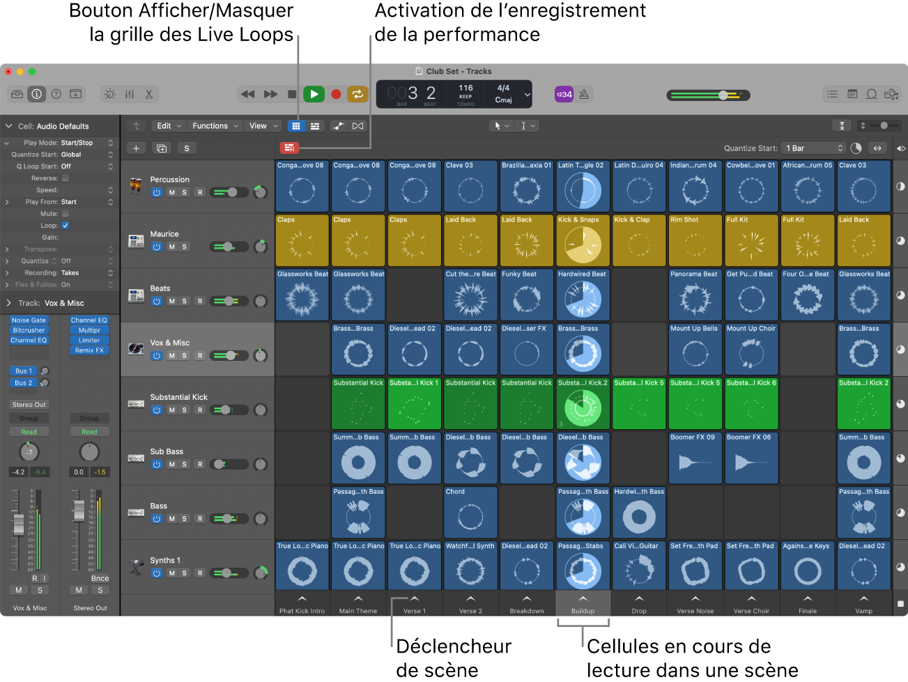 Figure. Grille des Live Loops avec des cellules en cours de lecture.