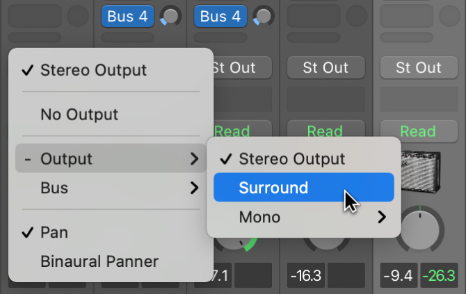 Figure. Sélection de Surround dans le menu local Sortie d’une tranche de console.