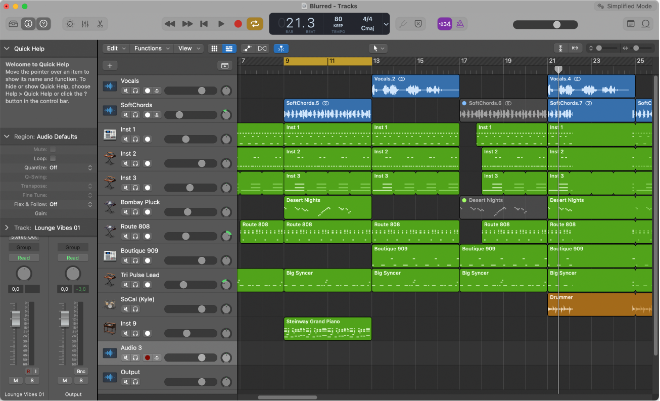 Figure. Zone Pistes montrant des régions audio, d’instrument logiciel et de drummer.