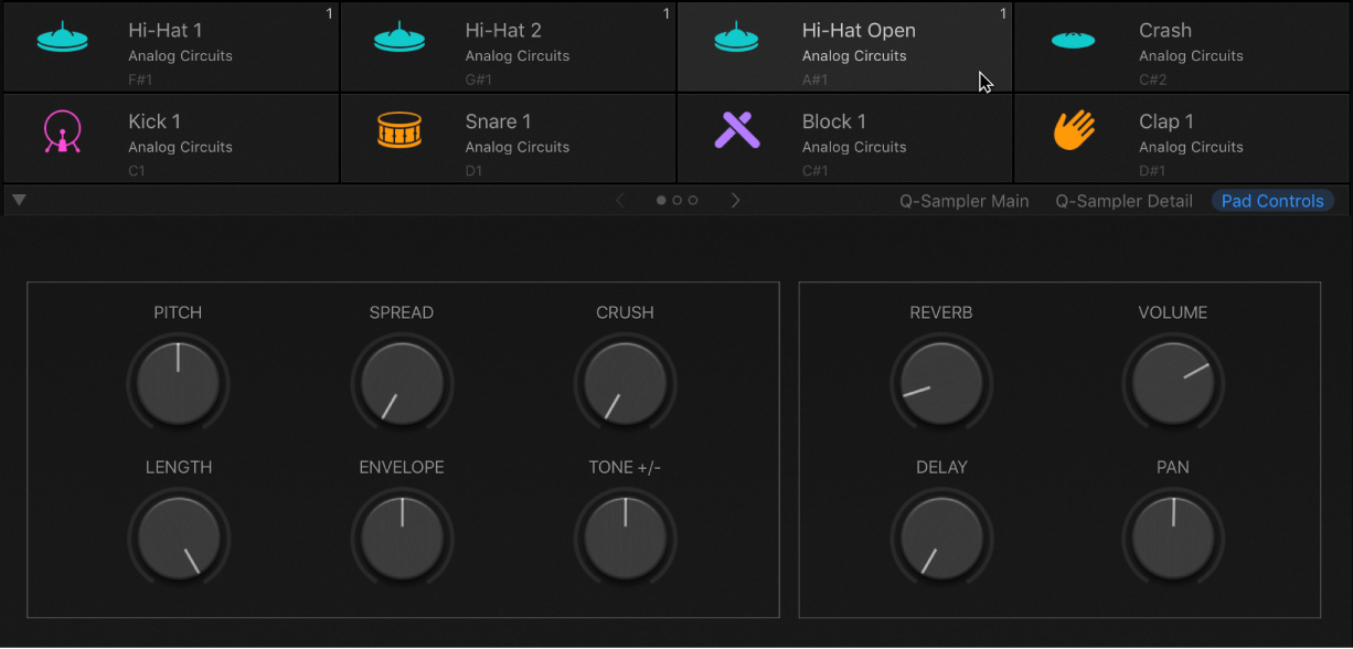 図。パッドが1つ選択されているDrum Machine Designer。キットピースのSmart Controlパラメータが表示されています。