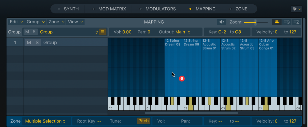 图。Sampler 键映射编辑器,显示多个音频文件被拖到一系列按键上。