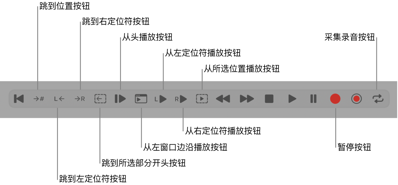 图。显示所有附加按钮的走带控制按钮。