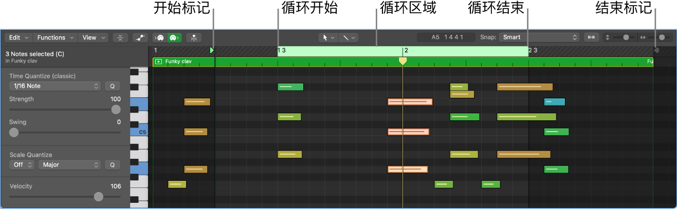 图。一个 MIDI 单元格在单元格编辑器中打开。