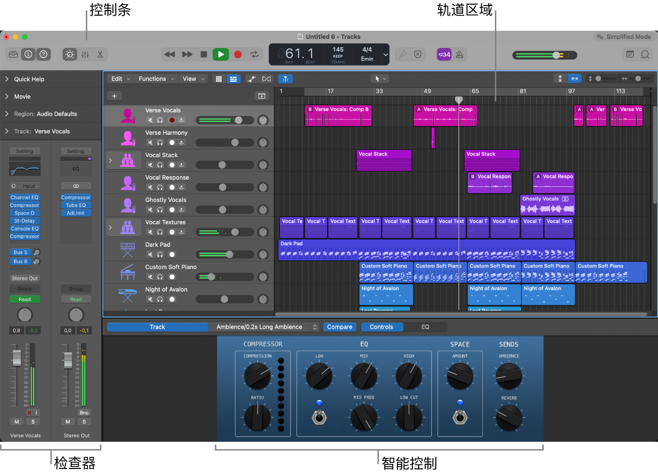 图。带有主要工作区域的 Logic Pro 主窗口。