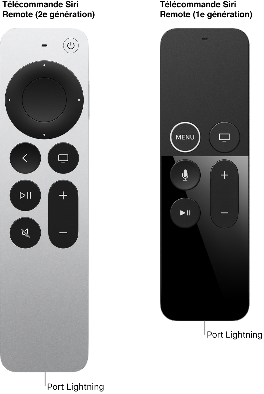 Image de la télécommande Siri Remote (2e génération) et de la télécommande Siri Remote (1re génération) montrant le port Lightning