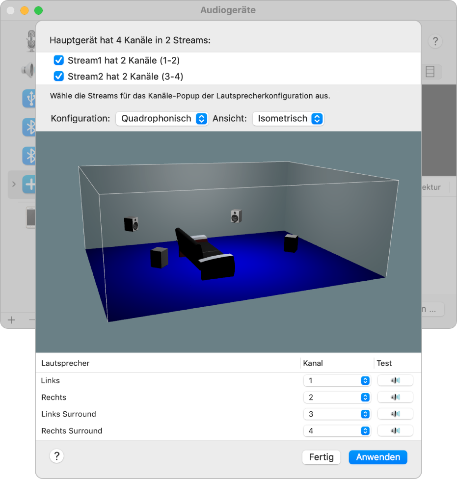 Das Fenster „Audiogeräte“ zeigt ein Hauptgerät in isometrischer 3D-Darstellung. In der Liste der Streams oben im Fenster ist ein Stream mit vier Kanälen ausgewählt. Die Lautsprecherliste befindet sich unter der Darstellung.