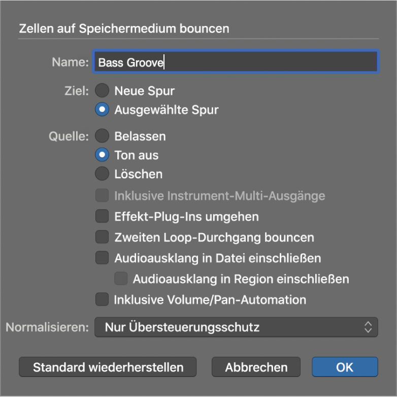 Abbildung. Dialogfenster „Zellen auf Speichermedium bouncen“.