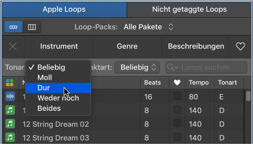 Abbildung. Einblendmenü „Geschlecht“ im Loop-Browser
