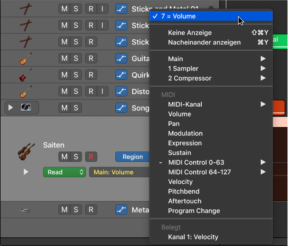 Abbildung. Auswahl eines MIDI-Controller-Parameters für eine regionsbasierte Automation