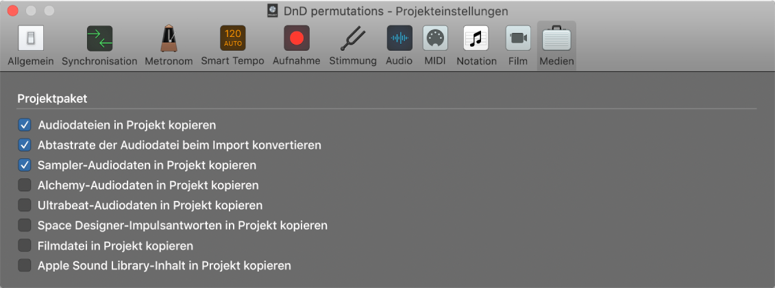 Abbildung. Bereich „Medien“ der Projekteinstellungen