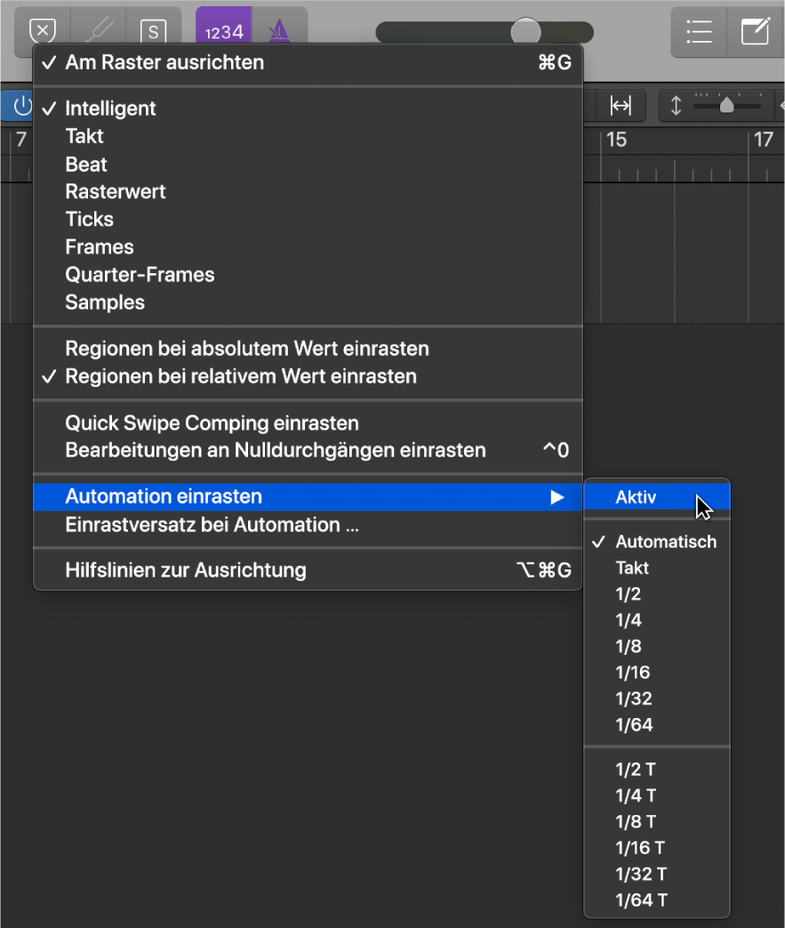 Abbildung. Zeiger weist auf den Befehl im Untermenü „Automation einrasten“