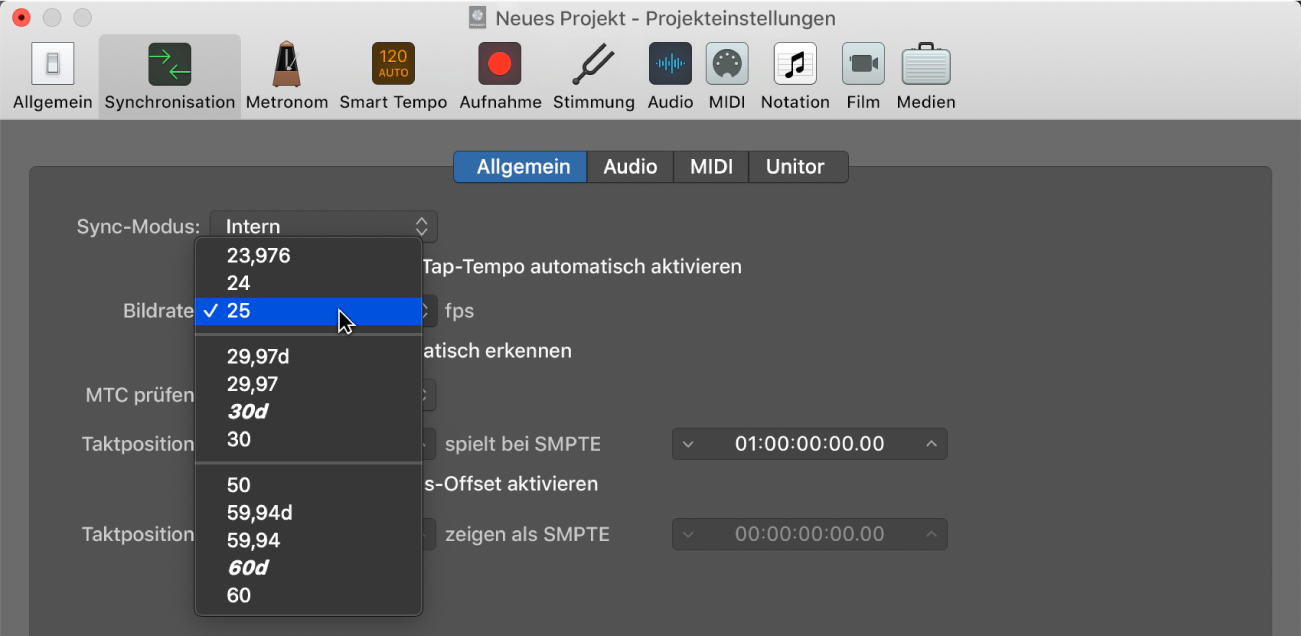 Abbildung. Projekteinstellungen zur Synchronisation mit Einblendmenü „Frame-Rate“