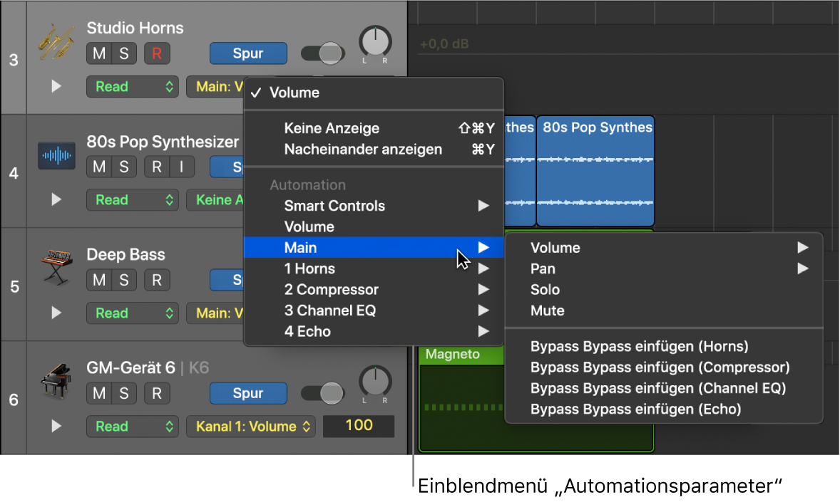 Abbildung. Geöffnetes Einblendmenü „Automationsparameter“
