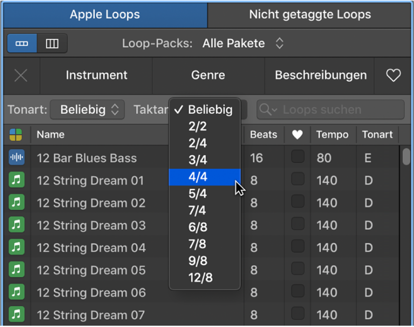 Abbildung. Einblendmenü „Taktart“ im Loop-Browser