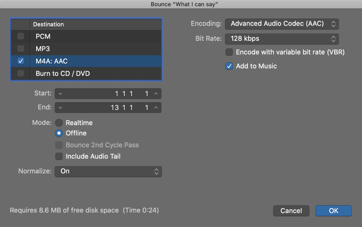 Figure. M4A AAC Format options in the Bounce window.