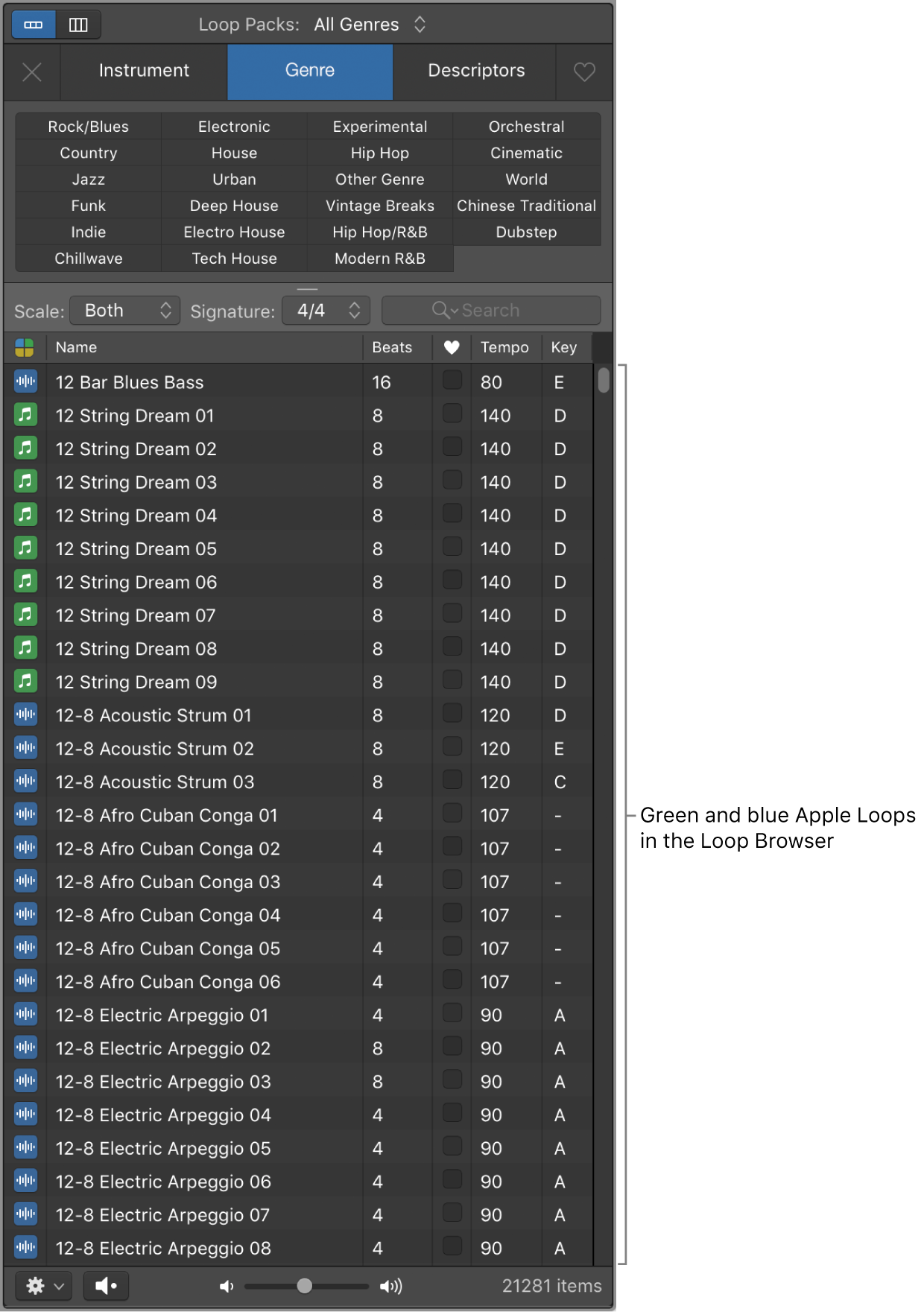 Loop Browser showing software instrument (green) and audio (blue) Apple Loops.