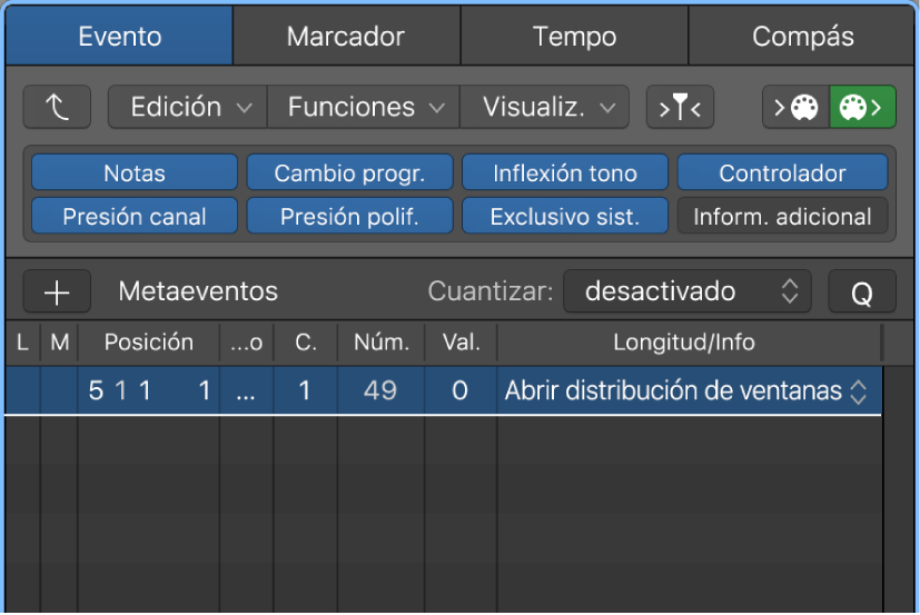 Ilustración. Lista de eventos con metaevento de distribución de ventanas.