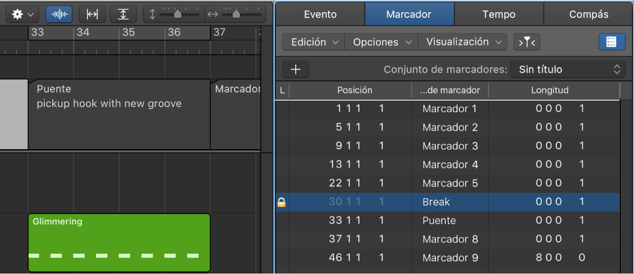 Ilustración. Nombre del marcador con el símbolo de candado, que indica que está bloqueado.