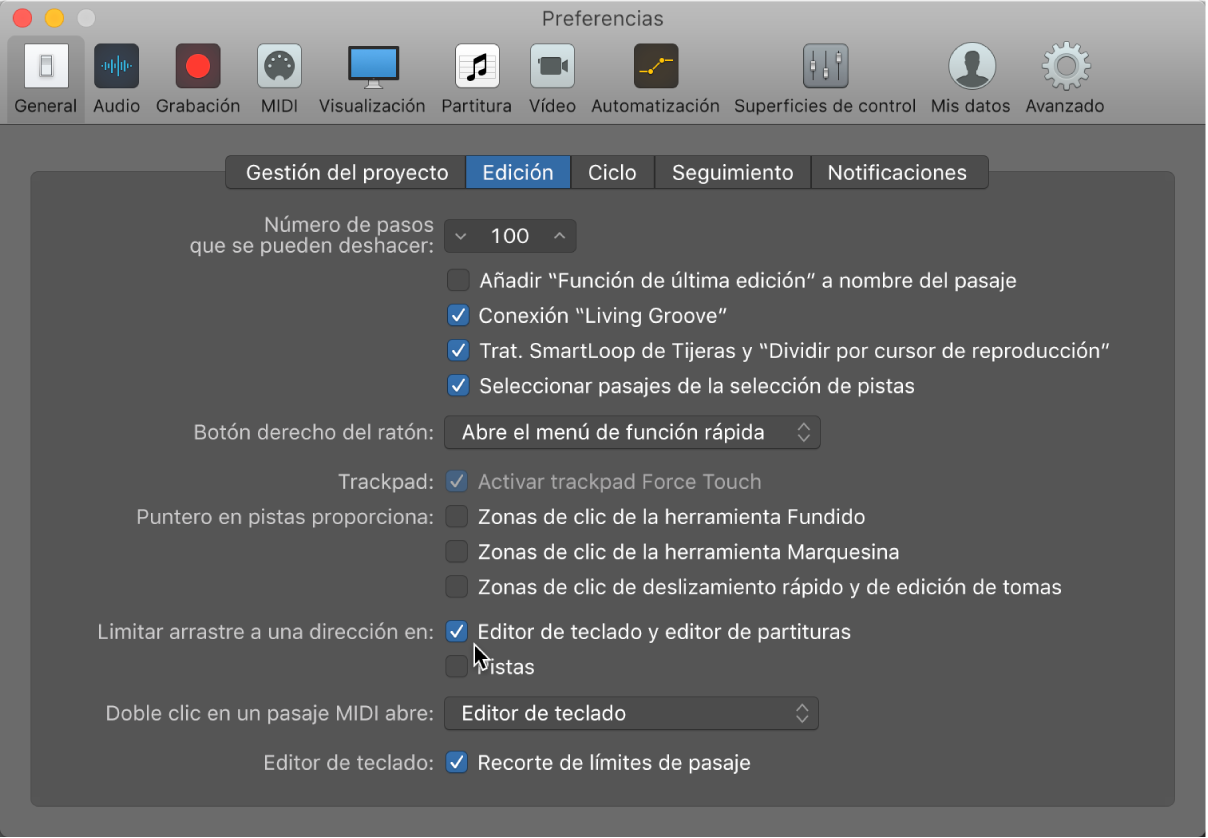 Ilustración. Preferencias generales de Edición con opciones para restringir los movimientos de arrastre de notas.