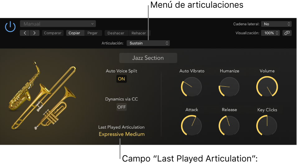 Ilustración. Instrumento de software con el menú Articulación y el campo “Última articulación reproducida”.