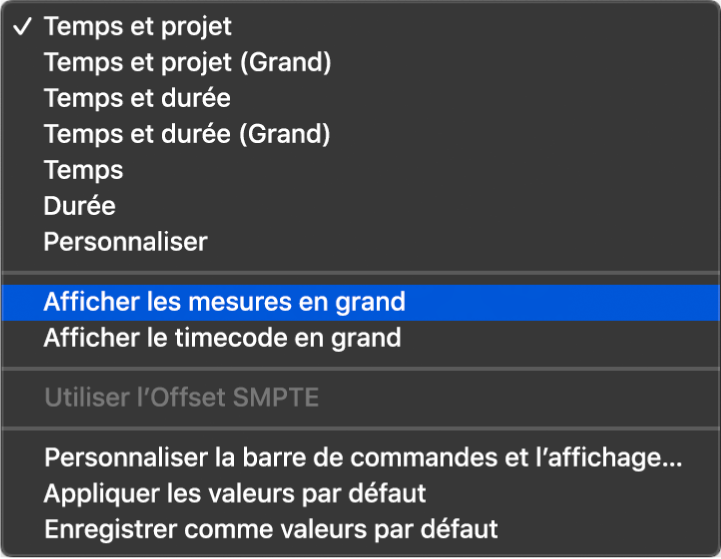 Figure. Menu de l’écran LCD, avec le réglage « Utiliser le décalage SMPTE » sélectionné.