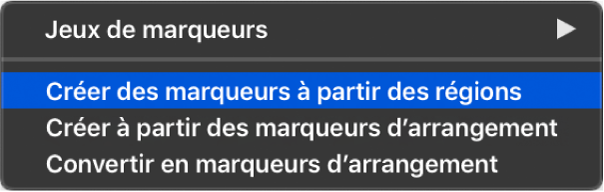 Figure. Piste des marqueurs affichant la commande de menu « Créer des marqueurs à partir des régions ».