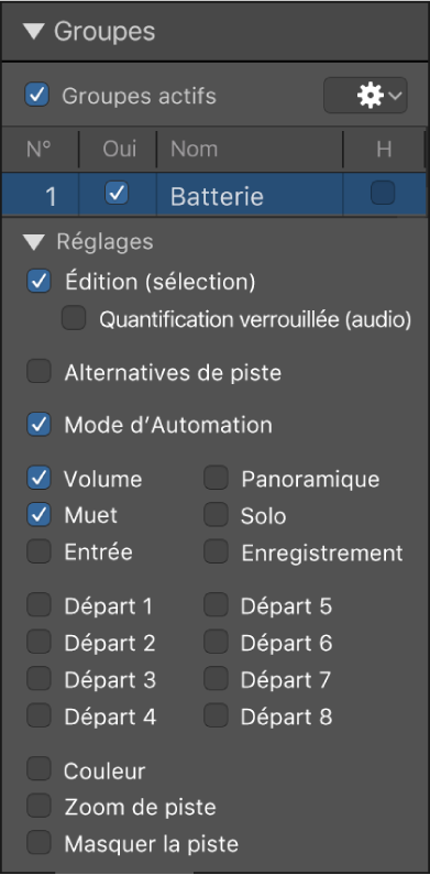 Figure. Menu Groupes avec sélection des options Édition et Quantification verrouillée (audio).
