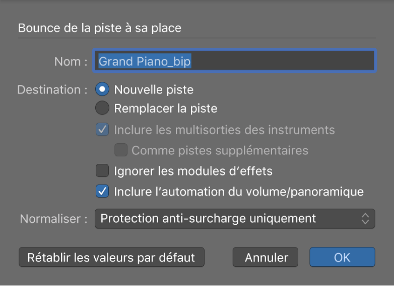 Figure. Zone de dialogue « Bounce de la piste à sa place ».