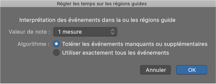 Figure. Zone de dialogue « Régler les temps sur les régions guides ».