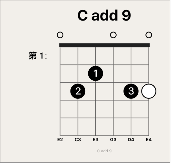 图。和弦网格上的白色可选指法点。