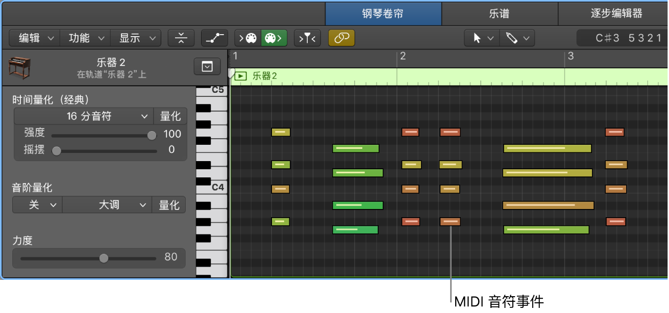 图。钢琴卷帘编辑器,指出 MIDI 音符事件。