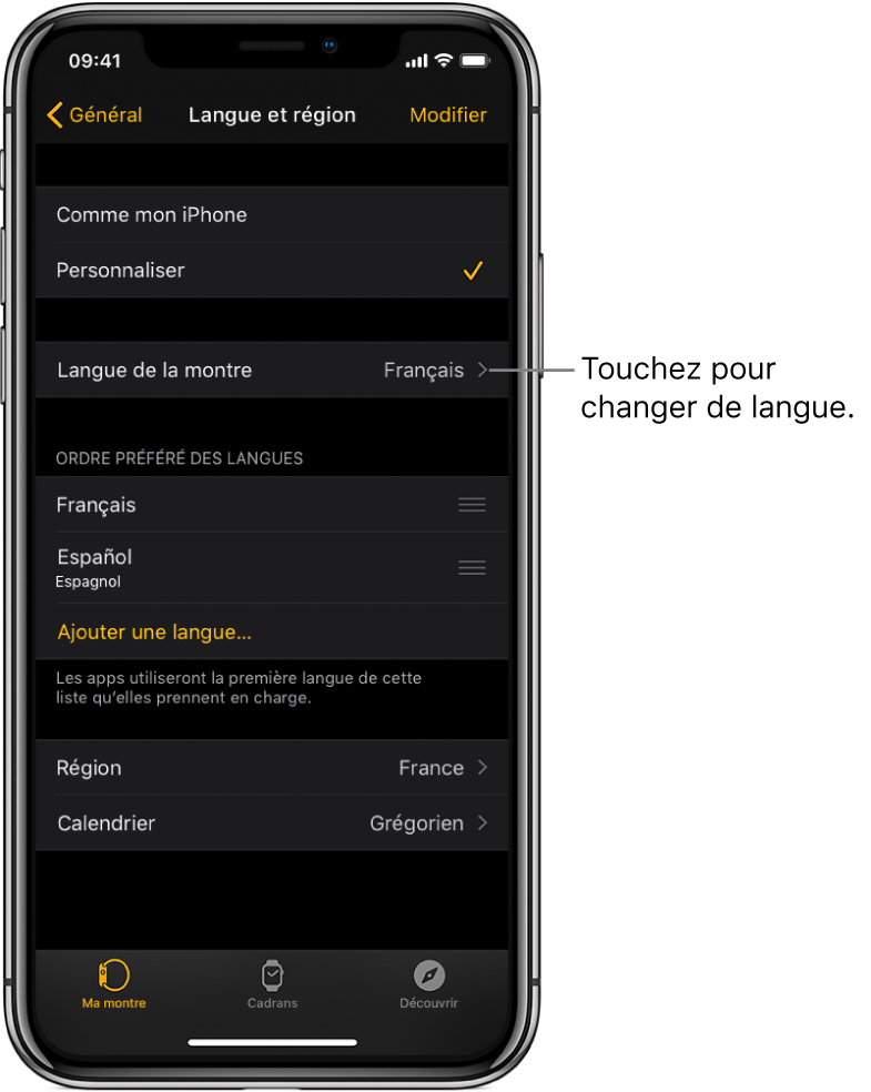 L’écran Langue et région de l’app Apple Watch, affichant le réglage Langue de la montre vers le haut de l’écran.
