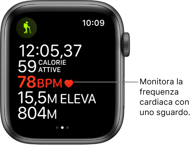 Una schermata che mostra le statistiche sull'allenamento, tra cui il tempo trascorso e il battito cardiaco.